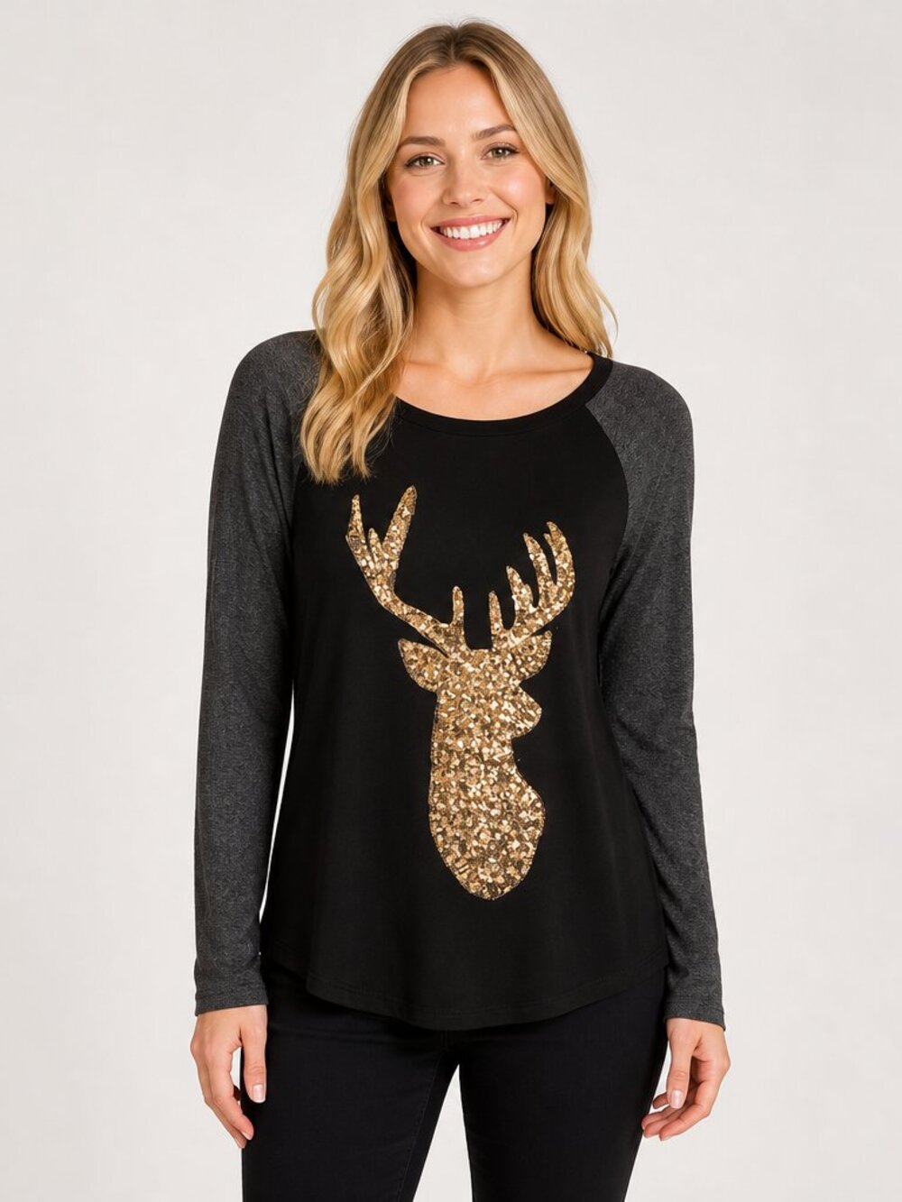 Goldspark Sequin Reindeer Top S  Holiday Glam Festivecore Quiet Luxury Sparkle